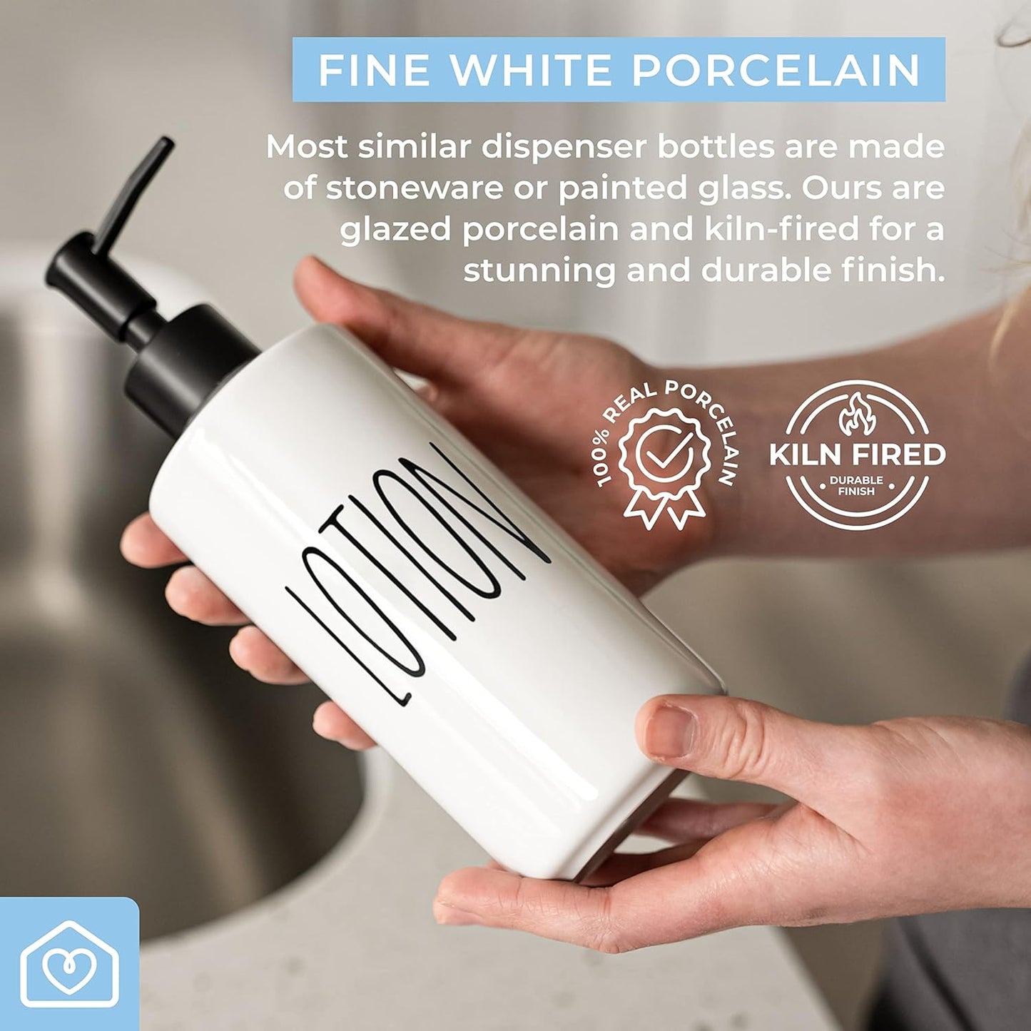 Heartland Home Porcelain 16oz Lotion Dispenser - Kitchen, Bathroom or Bedroom Lotion Pump Bottle