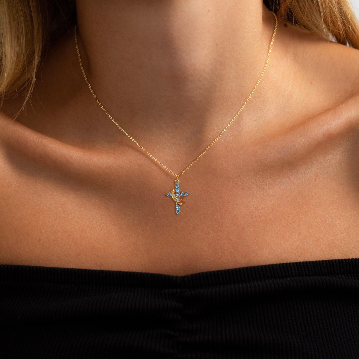 Robaice Birthstone Crown Cross Necklace for Women, Gold-Plated Christian Faith Necklace, Cross Jewelry Gift for Women, December Blue Zircon Gift