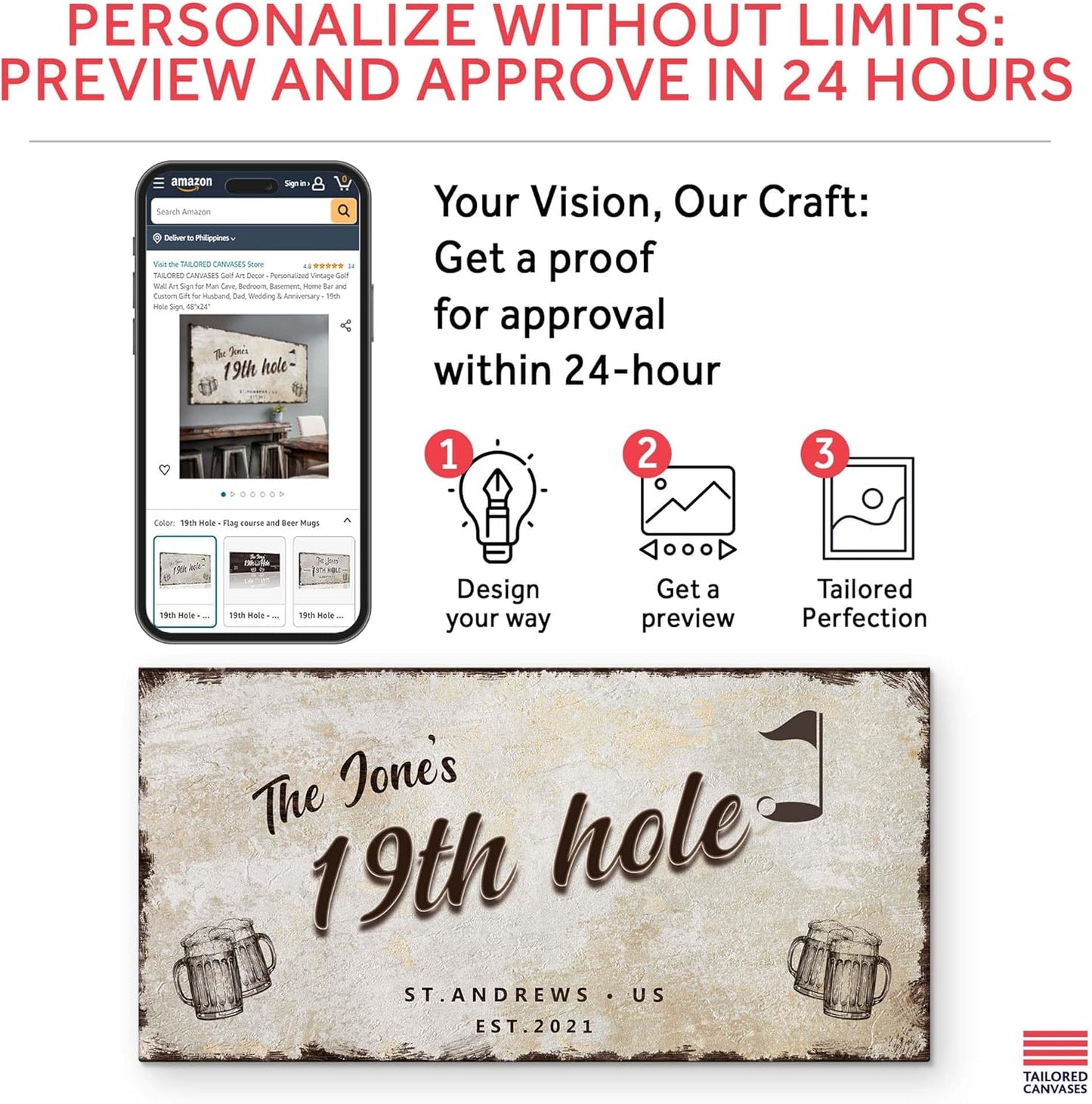 TAILORED CANVASES Golf Art Decor - Personalized Vintage Golf Wall Art Sign for Man Cave, Bedroom, Basement, Home Bar and Custom Gift for Husband, Dad, Wedding & Anniversary - 19th Hole Sign, 20"x10"