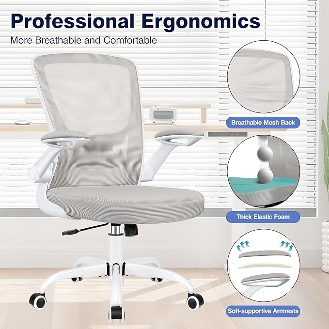 Ergonomic Office Chair, Mesh Computer Chairs with Lumbar Support, Swivel Desk Chair with Flip-up Arms and Adjustable Height, Light Gray