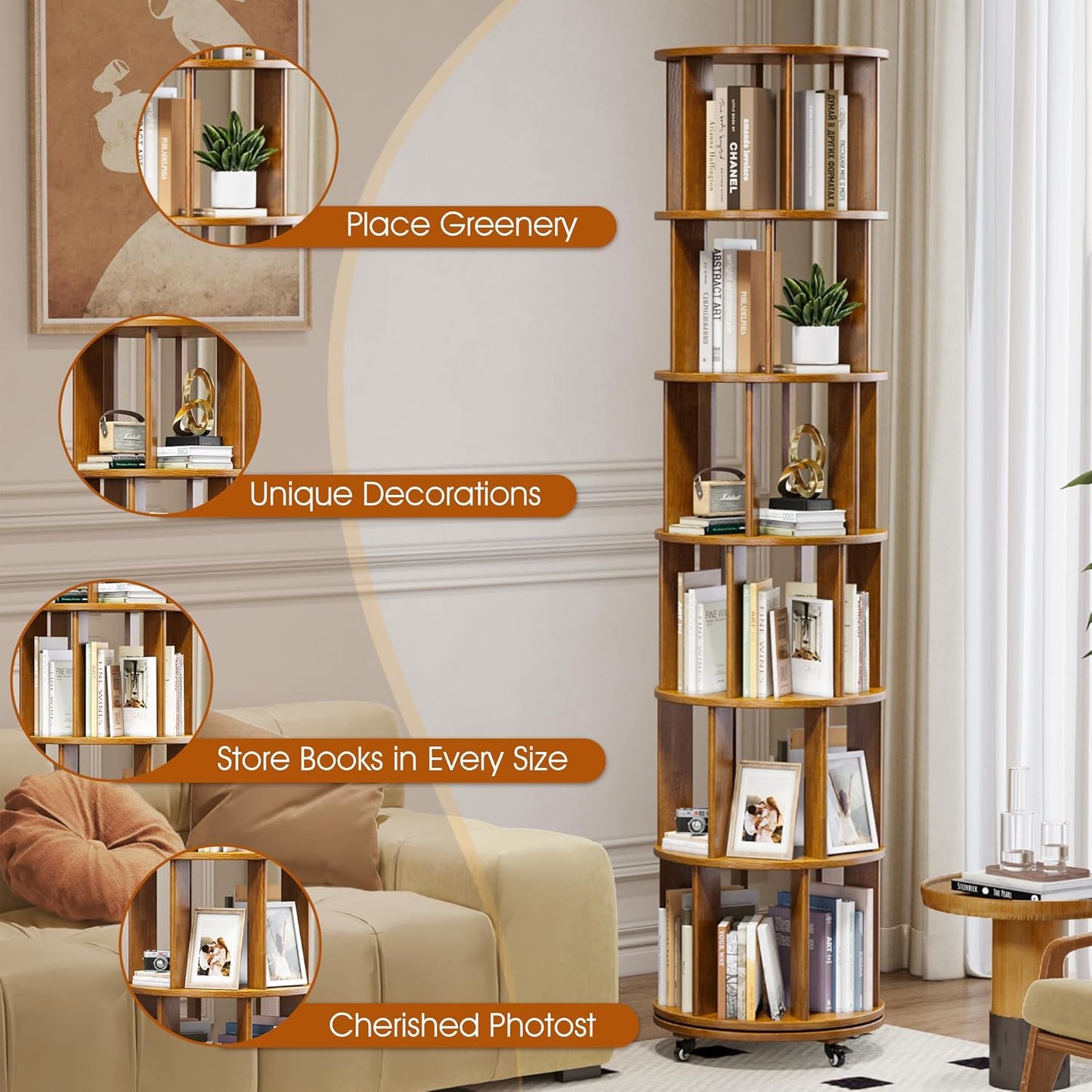 6 Tier Solid Wood Rotating Bookcase with Wheels, Round Revolving Bookshelf Organizer, 360° Spinning Storage Shelf for Corner, Small Narrow Spaces, Home, Office, Kids Room