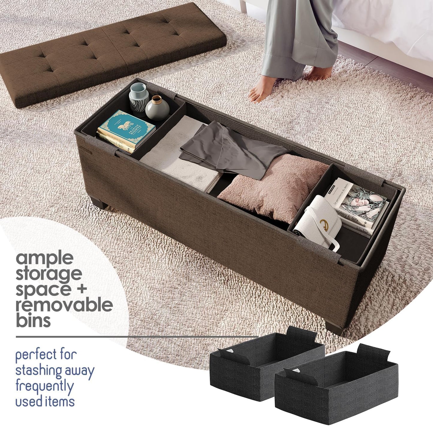 STORAGEBUD Storage Ottoman Bench with Bins, 43-in Storage Bench for Bedroom End of Bed, Folding Foot Rest Ottoman for Living Room Max 660lbs, Fabric Ottomans, Brown