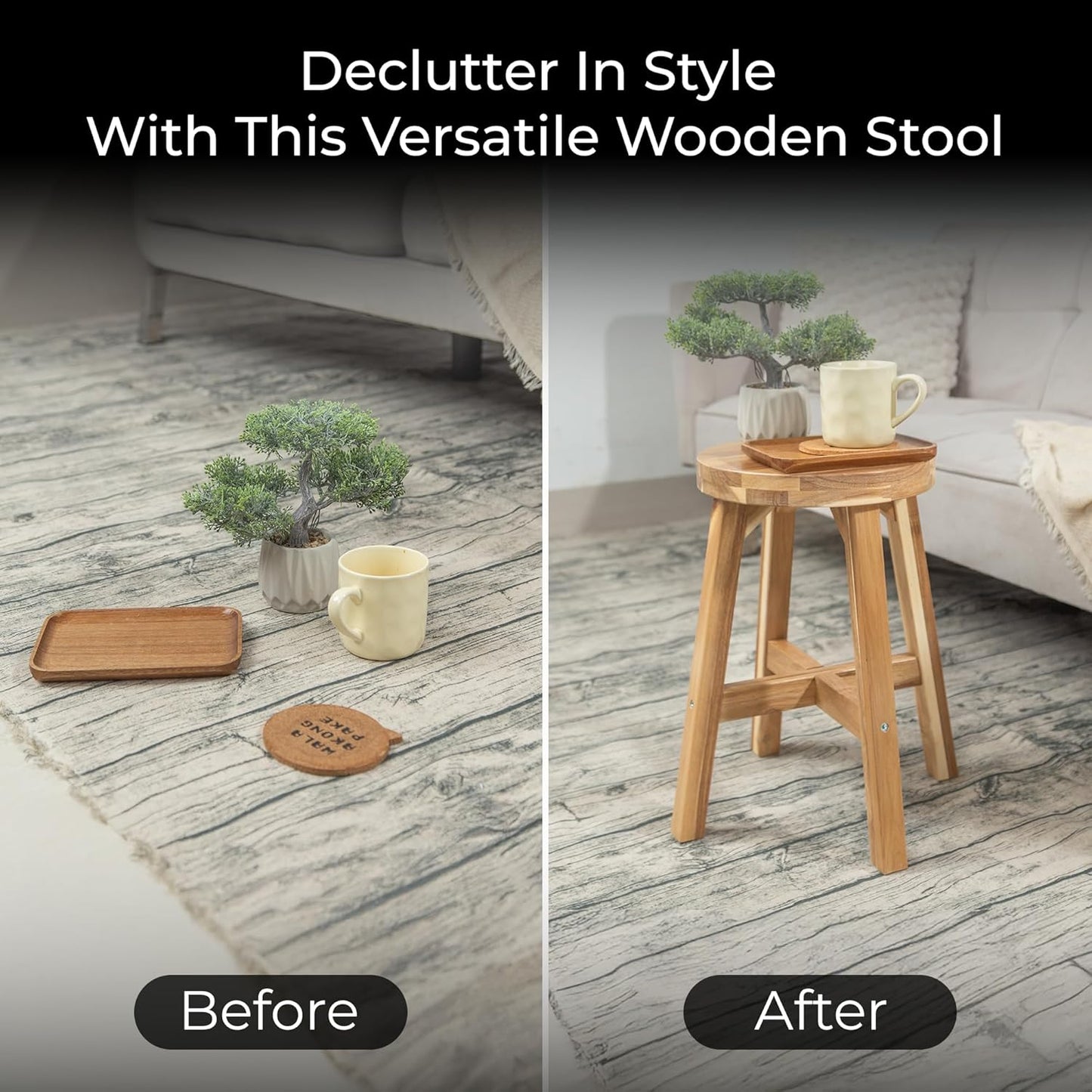 Round Stool Acacia Wood, 18" Height, 11'' Round Top, Backless, Easy Assembly, Natural Wax Finish, Wooden Stool for Plant, Dining Room, Kitchen Counter, Makeup