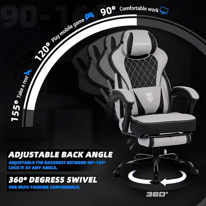 Vonesse Gaming Chair, Reclining Fabric Gaming Chairs for Adults 250LBS, Office Chair with Pocket Spring Cushion, Computer Chair with Footrest and Massage Lumbar Support (Light Gray)