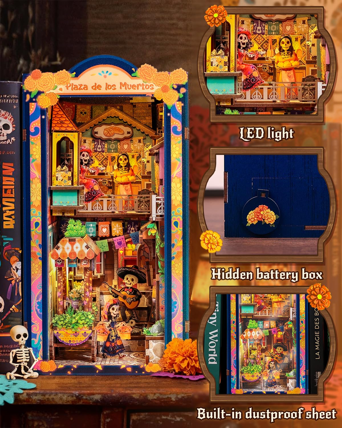 CUTEBEE Book Nook Kit - Mexican Fiesta DIY Miniature Dollhouse, Vibrant LED Bookshelf Decor Alley Model for Adults Teens, Gifts for Family and Friends（Plaza de Los Muertos）