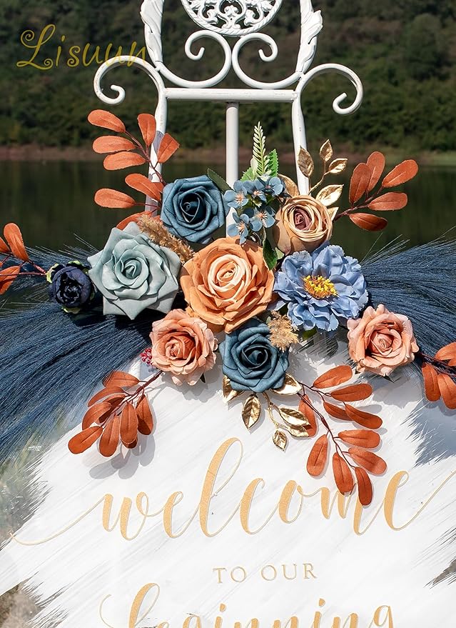 Wedding Arch Flowers, Artificial Floral Decor for Wedding Ceremony & Reception, Standard Size Large Flower Swag Set for Backdrop & Welcome Sign, Pack of 2 (Blue Coffee Pampas)