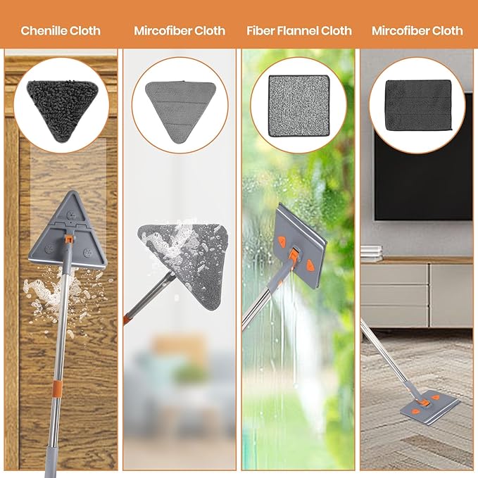 85'' Wall Mop and Baseboard Cleaner Tool with Handle 2-in-1 Wall Cleaner Mop with Triangle & Square Heads, 8pcs Reusable Pads for Cleaning, Ceiling, Wall, Floor, Shower