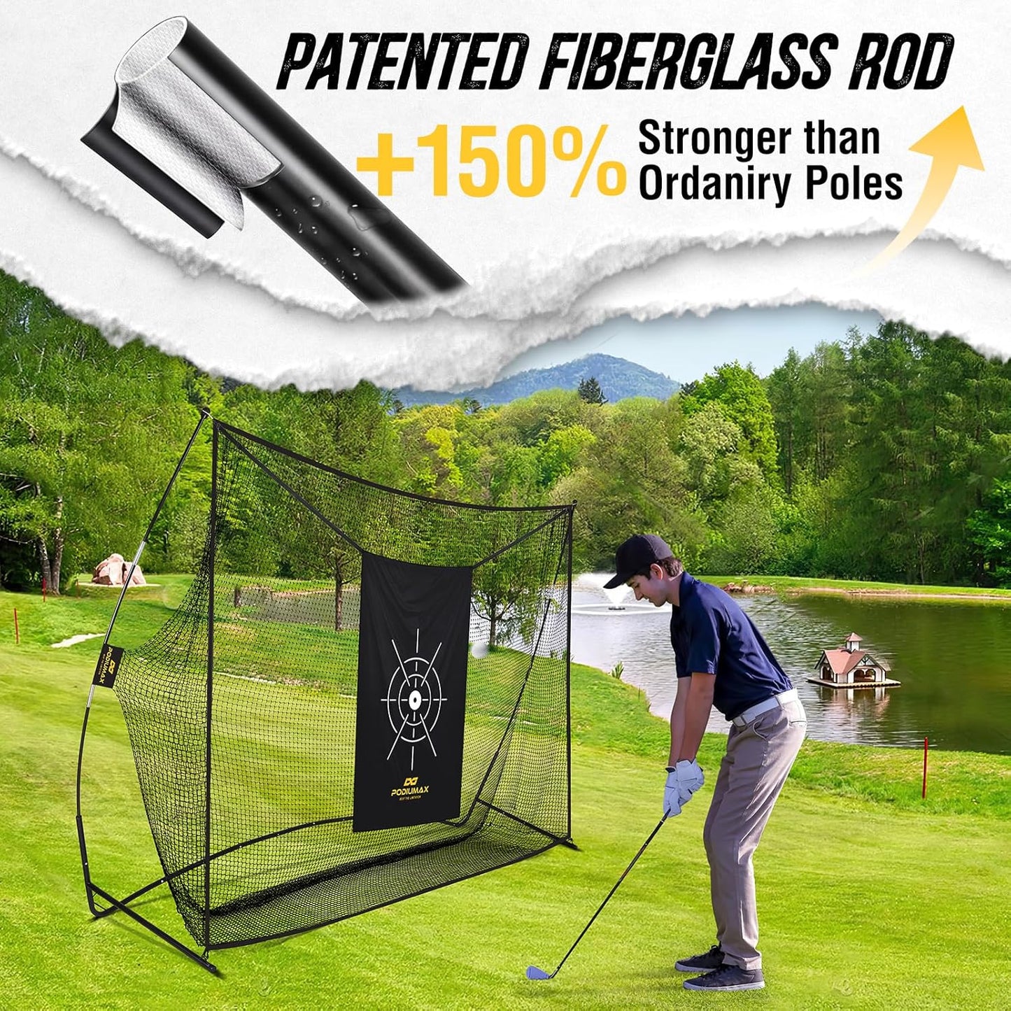 PodiuMax Golf Net, 10x7ft Golf Practice Net with Noise Reduce Silk Target Driving Real Balls, Hitting Nets for Backyard Garage, Improve Chipping Putting Pitching, Gift for Men & Golfers