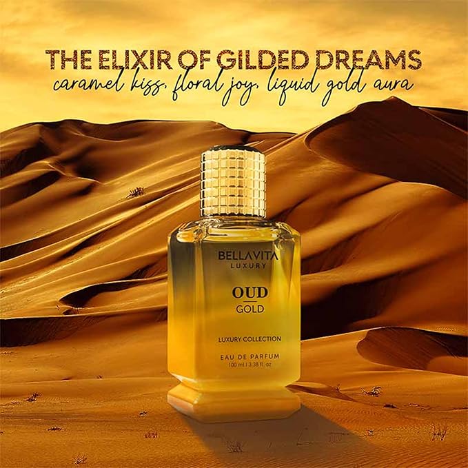 BellaVita Luxury OUD Gold Eau De Parfum (100ml) Unisex | Aromatic Arabian Perfume | Infused with Sweet Caramel, Orris, Rose, Jasmine | Arabic Gold OUD Perfume for Women & Men