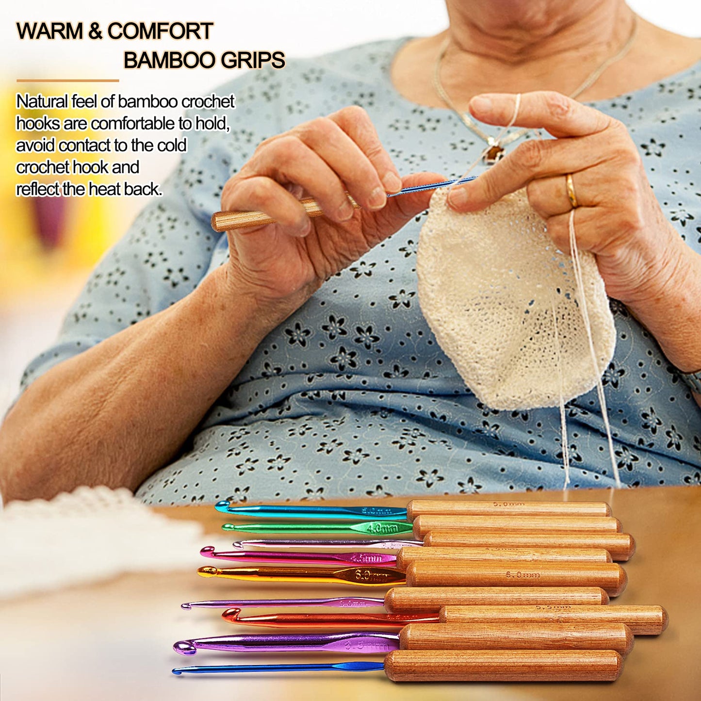 Coopay Bamboo Crochet Hooks Comfort Grip, 6.7" Crochet Kit Longer Aluminum Shaft Crochet Needles for Crocheting, Ergonomic Knitting Hooks Set for Crochet Yarn Craft, Premium Knitting Crochet Supplies