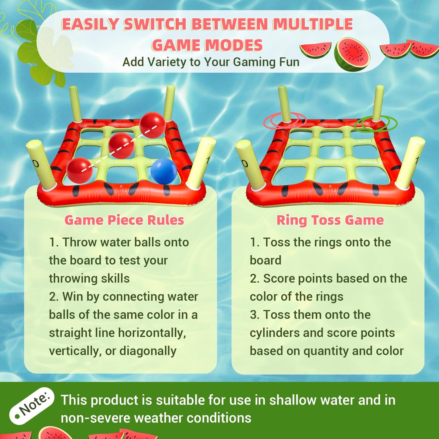 JHMFDDSB Pool Toys Games Set, 2 in 1 Giant Inflatable Pool Tic Tac Toe Game & Ring Toss with Combined Inflation & Water Filling Valve for Adults Kids Family, Shallow Water Beach Yard Activities