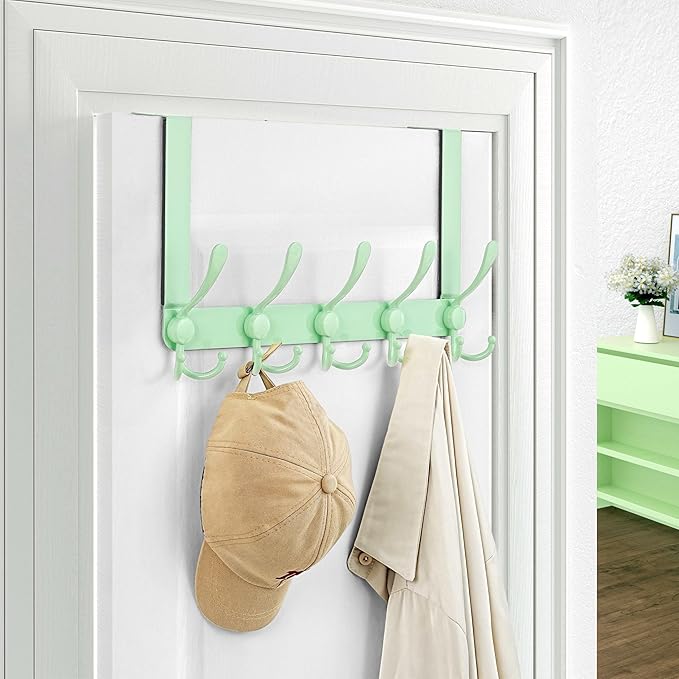 Dseap Over The Door Hook Hanger - 5 Tri Hooks, Heavy Duty Over The Door Towel Rack Coat Rack for Clothes Hat Towel,Green