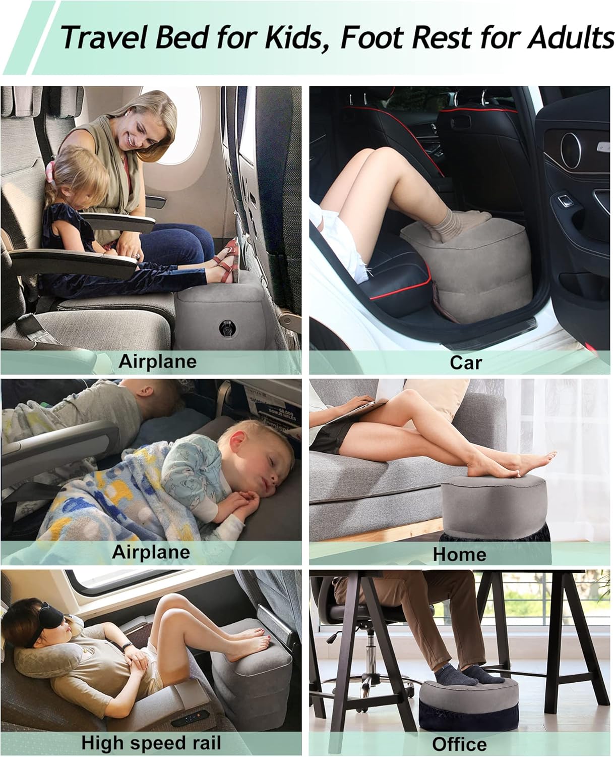 JefDiee Inflatable Foot Rest Pillow, Kids Airplane Bed, Adjustable 3 Layers Height Leg Rest Pillow, Airplane Travel Essentials Great for Office, Home, Trains, Cars