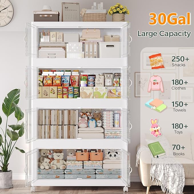 150Gal Stackable Storage Bins with Lid and Wheels, 600QT Plastic Collapsible Storage Boxes with Doors, Closet Organizer and Storage Cabinet for Home Kitchen Office Dorm Room, 5Pack White