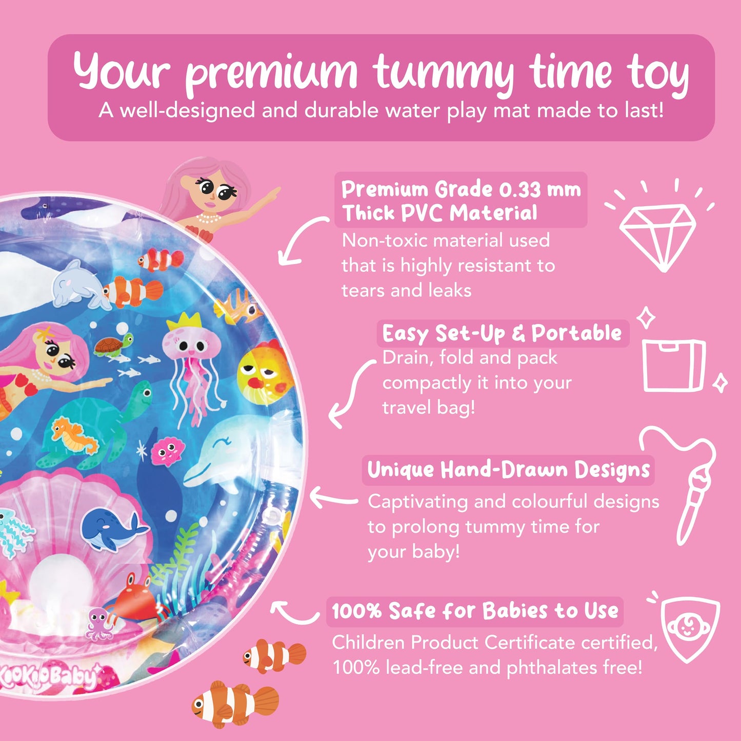 KooKooBaby Tummy Time Water Mat for Babies - Xtra Large Sensory Baby Water Mat for Tummy Time & Motor Development - Leak-Proof Water Pad, Durable Infant Water Play Mats for Baby Boys & Girls 3 Months+