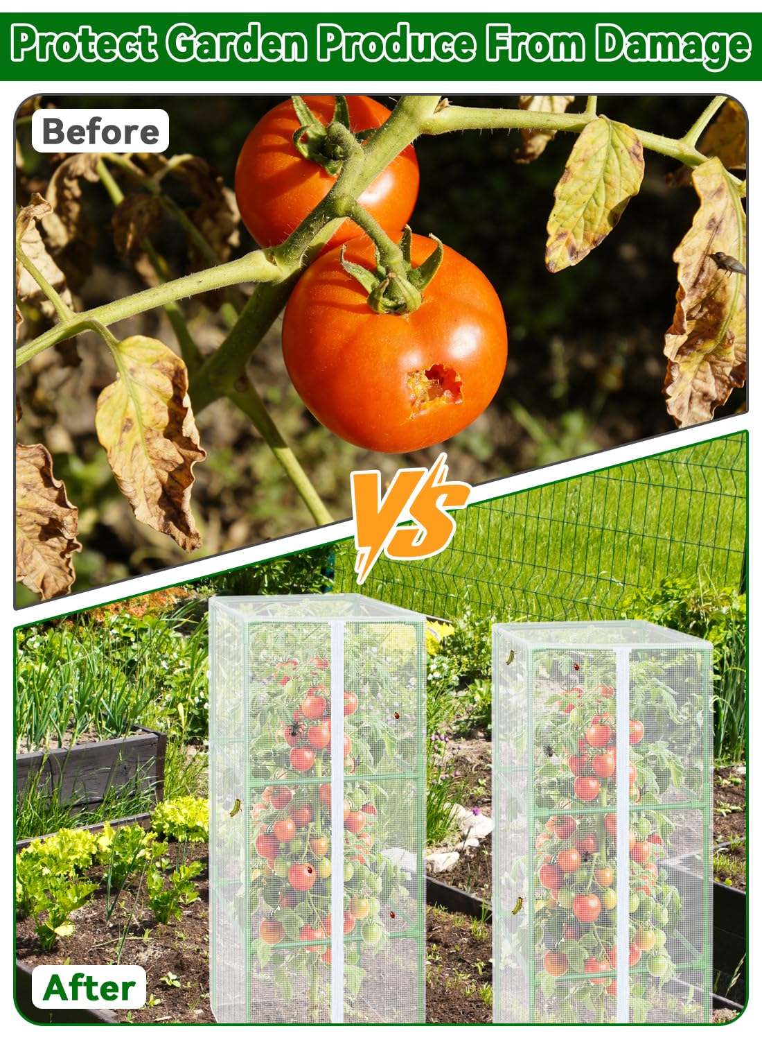 ZeeDix 57" x 16.1" Garden Bird Netting for Square Tomato Cage, 2 Pack Garden Mesh Barrier, Plant Covers Protect Tomatoes, Vegetables, Blueberry Bush from Birds & Pests