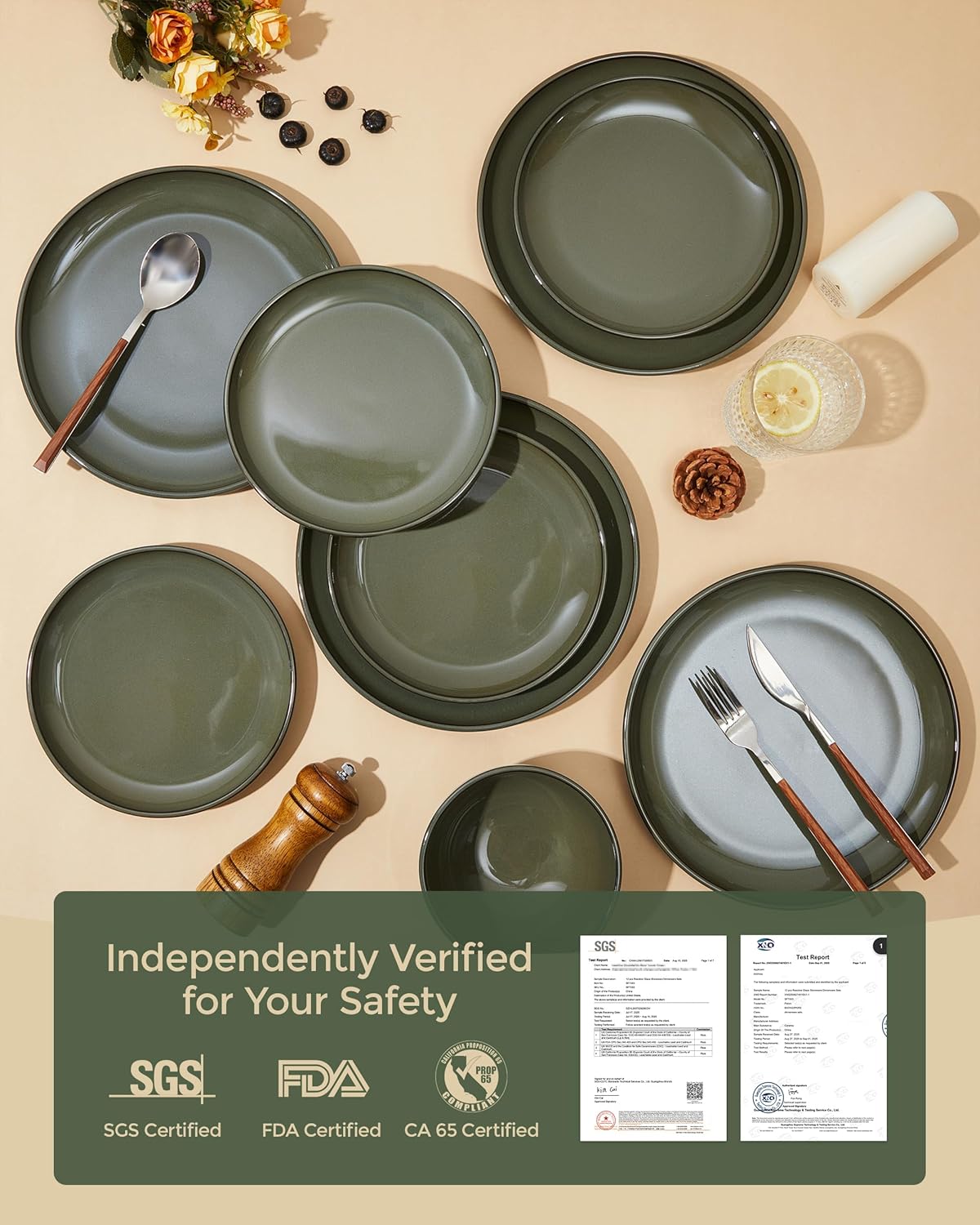 Santorini Mist Terracotta Reactive Glaze Plates and Bowls Sets, Stoneware Dinnerware Sets, Microwave and Dishwasher Safe Ceramic Dish Set Service for 4, Blackish Green