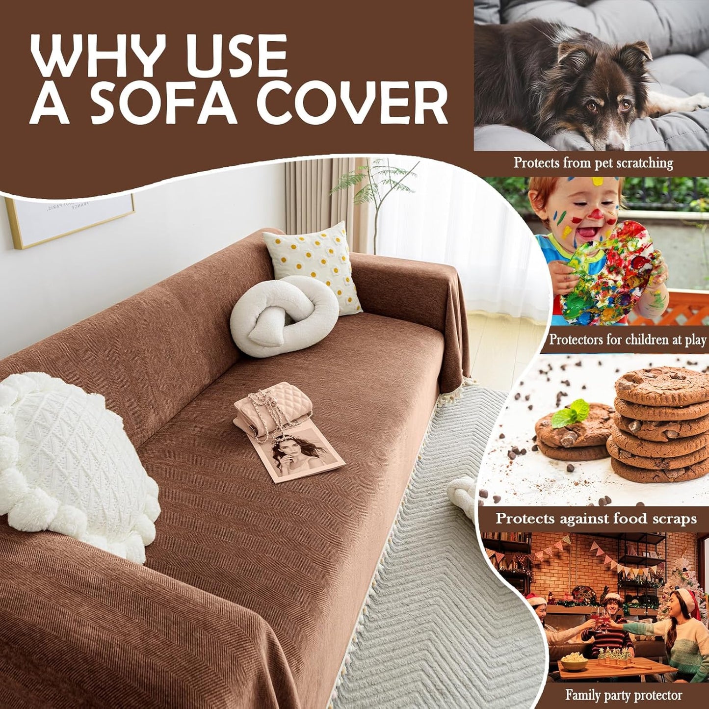 HANDONTIME Boho Style Sofa Cover with Tassels, Washable & Non-Slip Couch Cover for 3 Cushion Sofa, Herringbone Pattern Pet-Friendly Sofa Slipcover, Chocolate Color, 91"x150", Living Room Decor