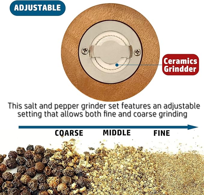 Salt and Pepper Grinder Set Hand Crank Salt and Pepper Mill Classical Wooden Salt Grinder Manual Acrylic Pepper Shaker with Adjustable Coarseness for Home Kitchen (Burlywood 1pcs-6in)
