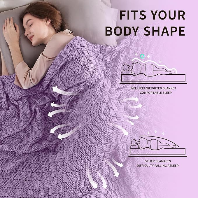 Knitted Weighted Blanket Adult, No Beads Heavy Blanket 70” x 90'' 20lbs, Breathable Chunky Knit Blanket, Cooling Weighted Blanket for Hot Sleepers, Christmas Home Decor (Lilac)