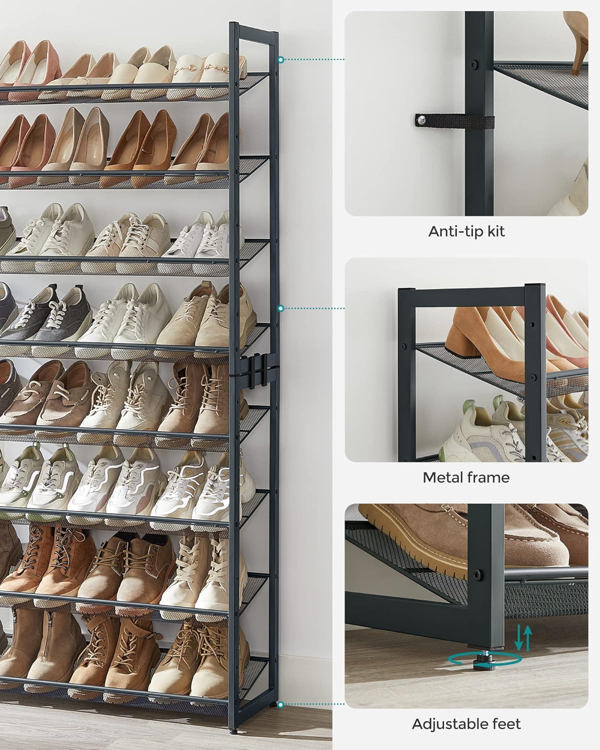 SONGMICS Shoe Rack, 8-Tier Shoe Organizer, Metal Rack for Garage, Set of 2, 4-Tier Stackable Shelf, with Adjustable Flat or Angled Shelves, 32-40 Pairs, Charcoal Gray ULMR08GB