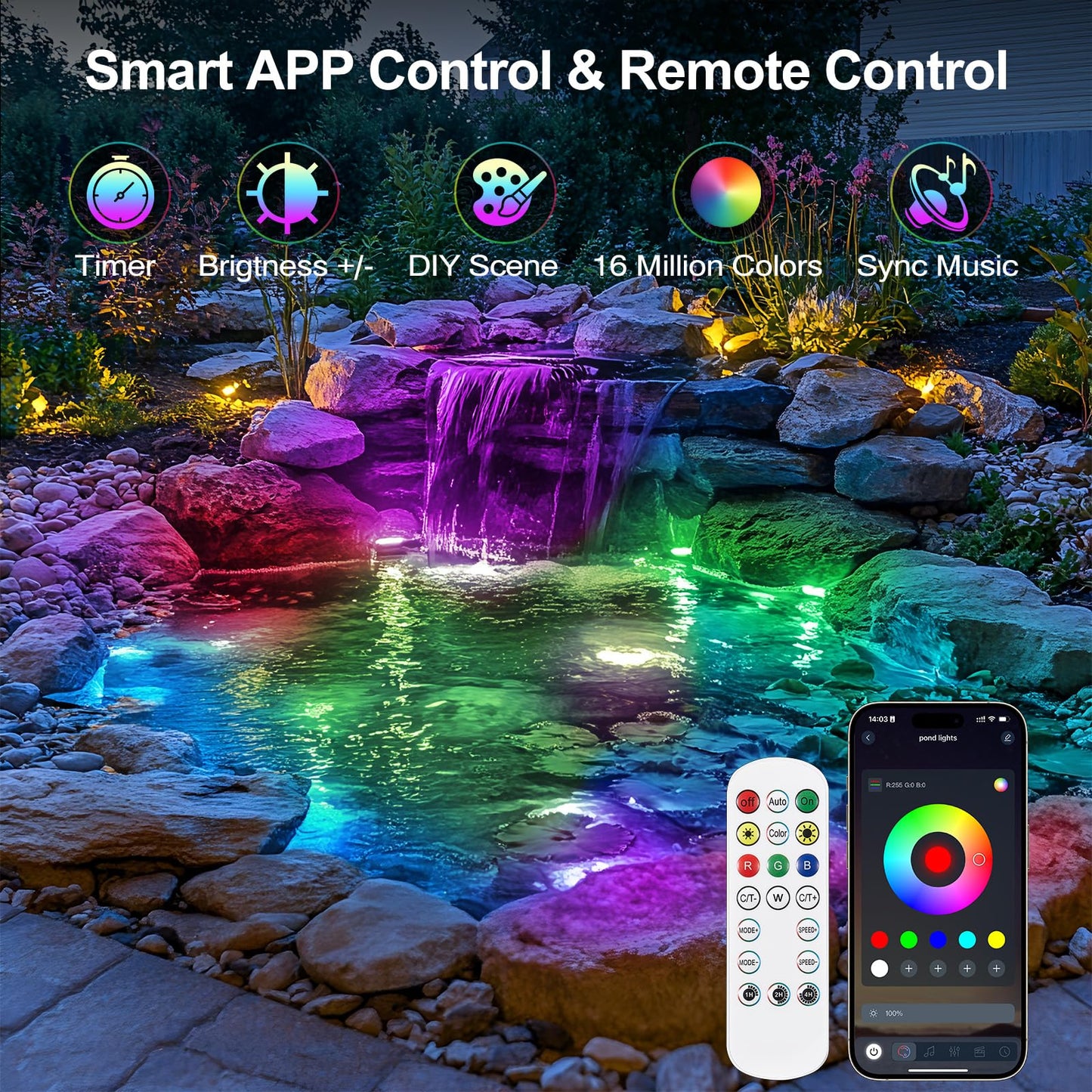 OSREE Pond Light LED Underwater with 12V Transformer, 6W Turtle Pond Lights with APP, IP68 Waterproof Fountain Lights with 32FT Cables for Ponds Fountain Waterfall Yard Water Feature, 1 SpotLights