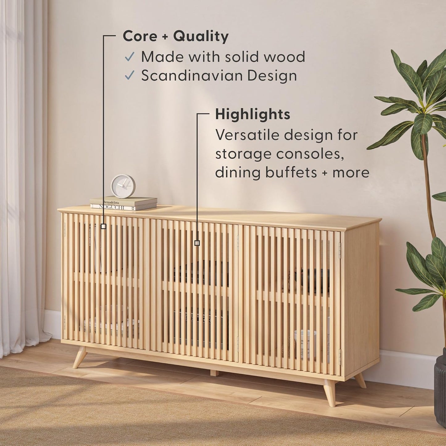 Plank+Beam Mid-Century Modern Wood TV Stand, Three Door Solid Wood Entertainment Console with Storage, 59" L x 16" W x 30" H, Blonde