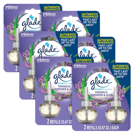 Glade Plugins Refills Air Freshener, Scented And Essential Oils For Home And Bathroom, Tranquil Lavender & Aloe, 1.34 Oz, 12 Cou