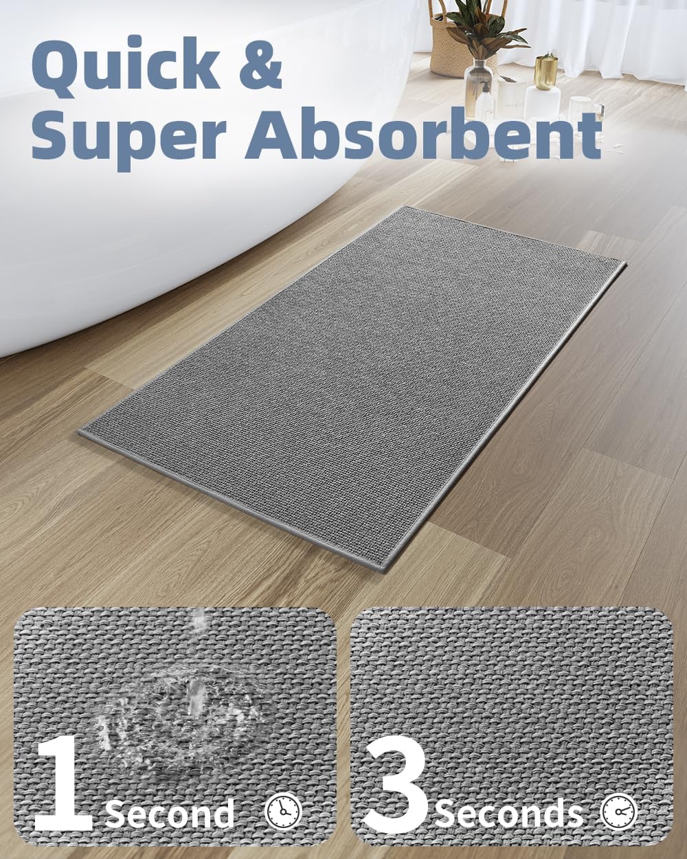 PADOOR Non-Slip Bath-Mats for Bathroom, Rubber-Backing Braided Absorbent Bathroom Mat Machine Washable Thin Bathroom Rugs Fit Under Door Quick Dry Bath Rugs for Floor, 17''x30'' Grey