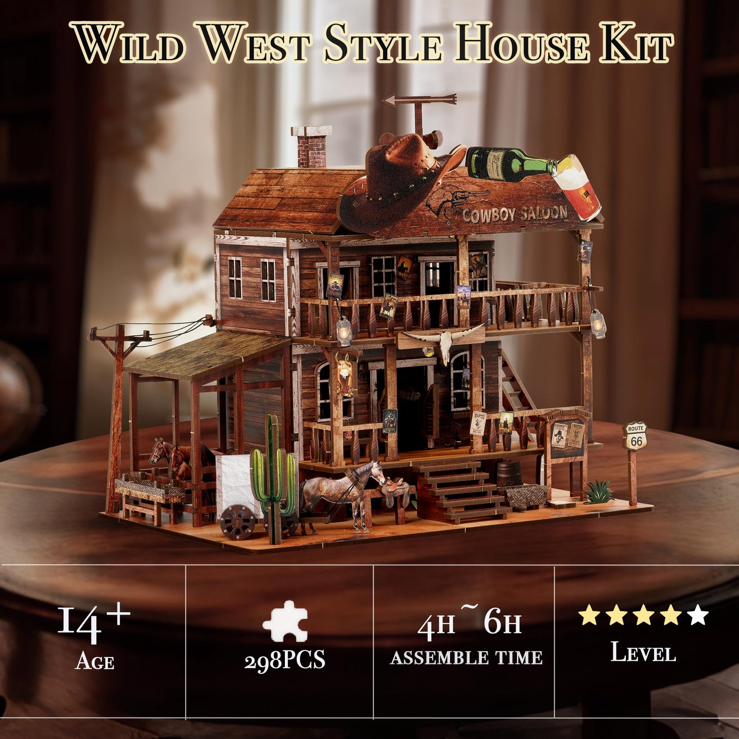 Cowboy Saloon Miniature Kit - DIY Miniature House Kit for Adults, Teens, Dollhouse Booknook Bookshelf Insert Decor with LED Light, 3D Wooden Puzzle Gifts for Family, Friends