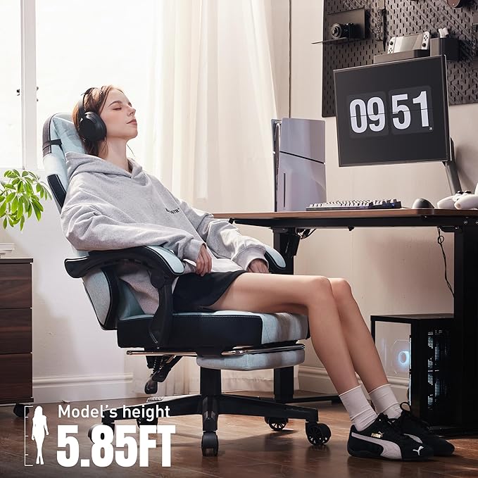 Dowinx Gaming Chair, Fabric Gaming Chairs for Adults with Pocket Spring Cushions and Lumbar Support, Ergonomic Massage Computer Chair with Footrest for Big and Tall, Aqua