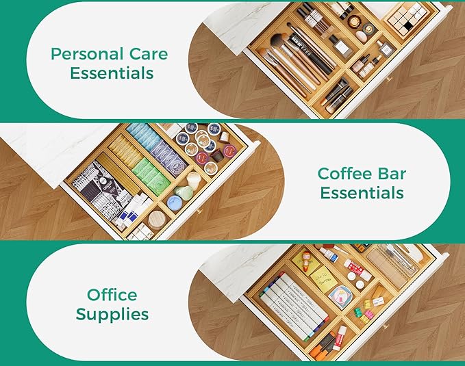 Bamboo Kitchen Drawer Organizer Boxes – 15" x 6" Stackable Wood Silverware Utensil Tray for Drawers Bins, Cutlery & Flatware Storage – Wooden Organizers Set of 2 for Junk Drawer, Bathroom, RV