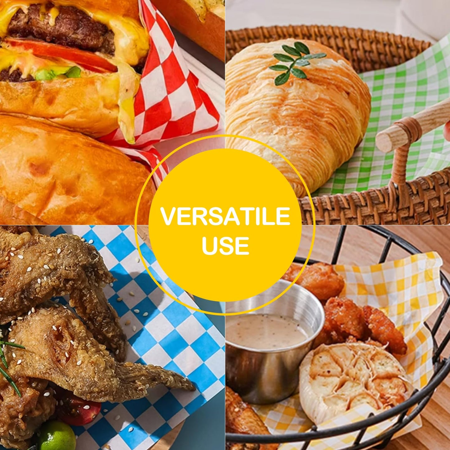 240 Pcs Food Basket Liners 12x12 inch Wax Paper Deli Paper Sheets Grease Proof Sandwich Wrapping 6 colors Checkered for Bread Burger Fast Food Home Kitchen and Party
