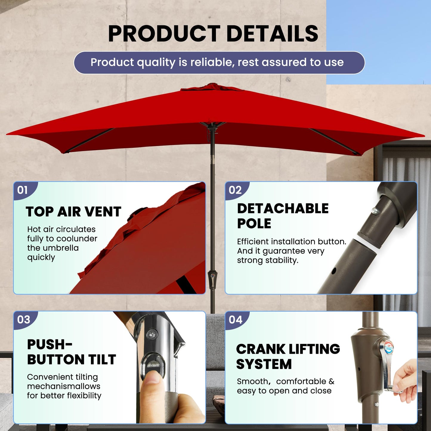 Ayge 6.5x10FT Rectangular Patio Umbrella Outdoor Table Umbrella w/Push Button Tilt & Crank Rectangle Market Umbrella UV Protection for Garden,Deck,Lawn,Yard & Pool,Red
