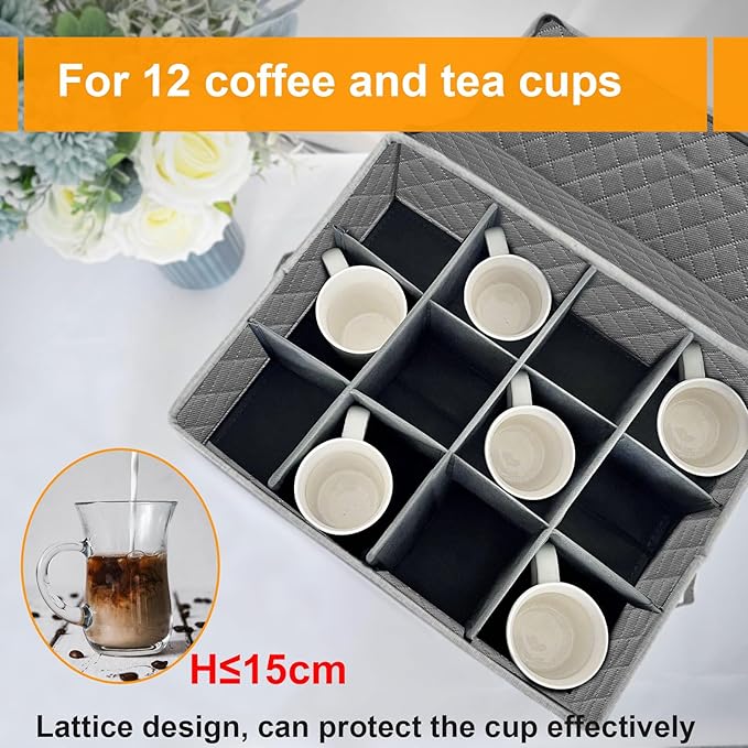 Coffee Mug Storage Box with Dividers, China Storage Containers Hard Shell ,Glassware Storage Containers with Zipper Lid and Handles, Stackable for 12 Mugs, Tea Cups, Moving & Packing (Light Grey)