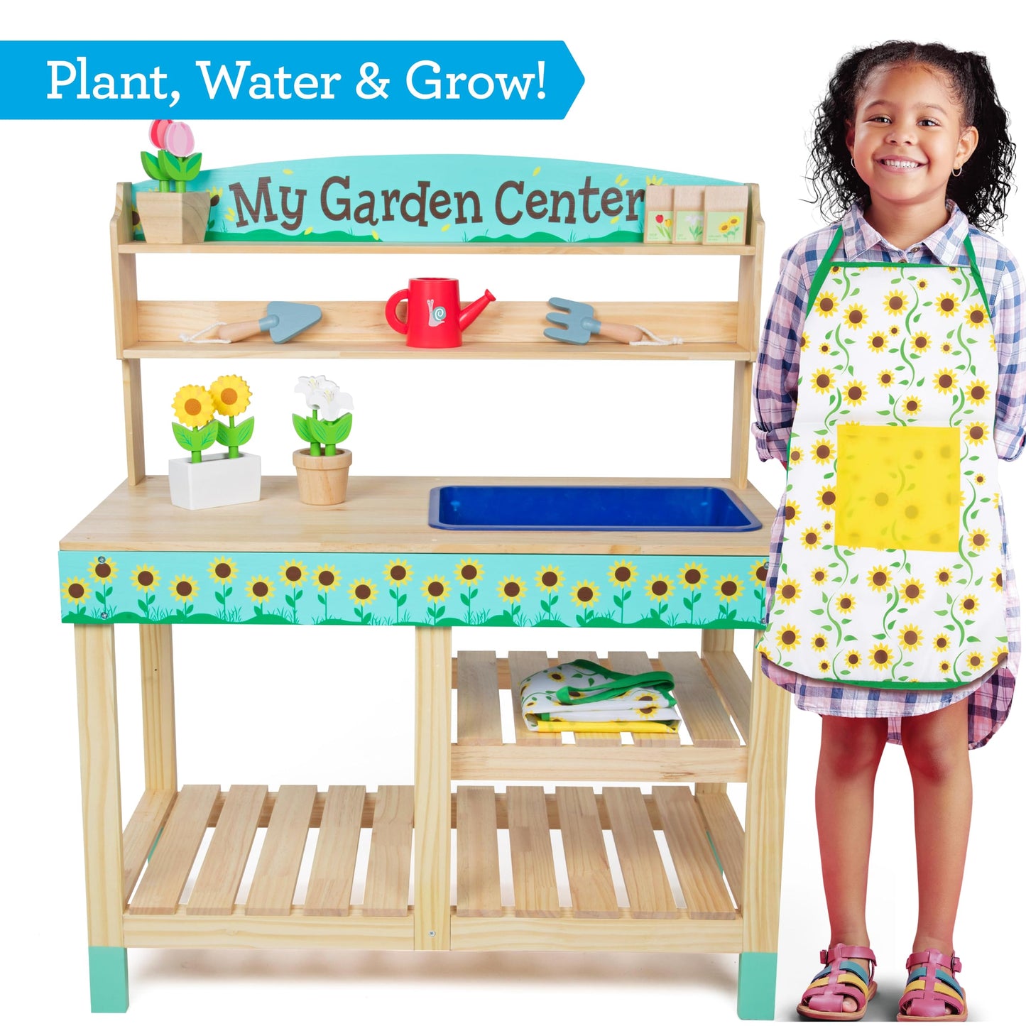 Bloom & Grow Gardening Center Wooden Toy Indoor Playset- 22 Pc Garden Stand Set w Flowers, Seed Packet, Pots Shovel Rake Apron Watering Pot- Interactive Fun Pretend Playtime Activity, Kids Summer Gift