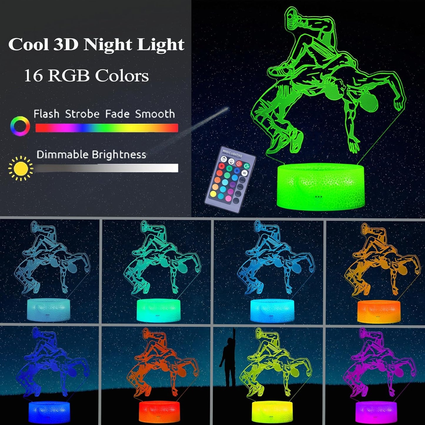 Wrestling Night Light, Wrestler Gifts, Wrestler 3D Illusion Lamp with 16 Colors Changing, Remote Control and Dimmable, Kids Boys Girls Room Decoration, Holiday Xmas Gifts