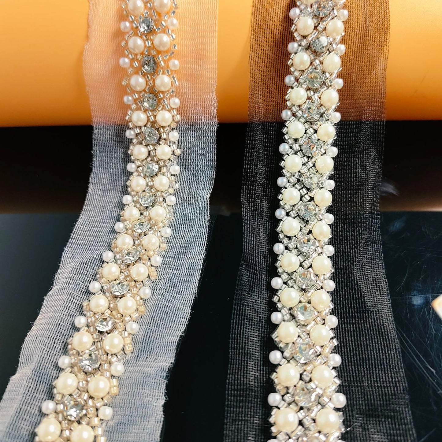 LDDGZS 2cm Woven Pearl Embroidery lace, Flash Diamond DIY Clothing Collar Sleeves Pearl Piping Decorative Strip, Dress, Fashion Clothing Decorative Accessories.(2yards) (White)