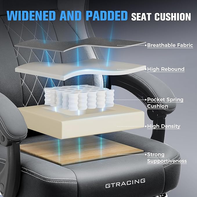 GTPLAYER Big and Tall Gaming Chair Breathable Fabric Computer Chair with Strong Lumbar Support, Comfortable Office Chairs with Pocket Spring Cushion, High Back Ergonomic Desk Chairs with Footrest