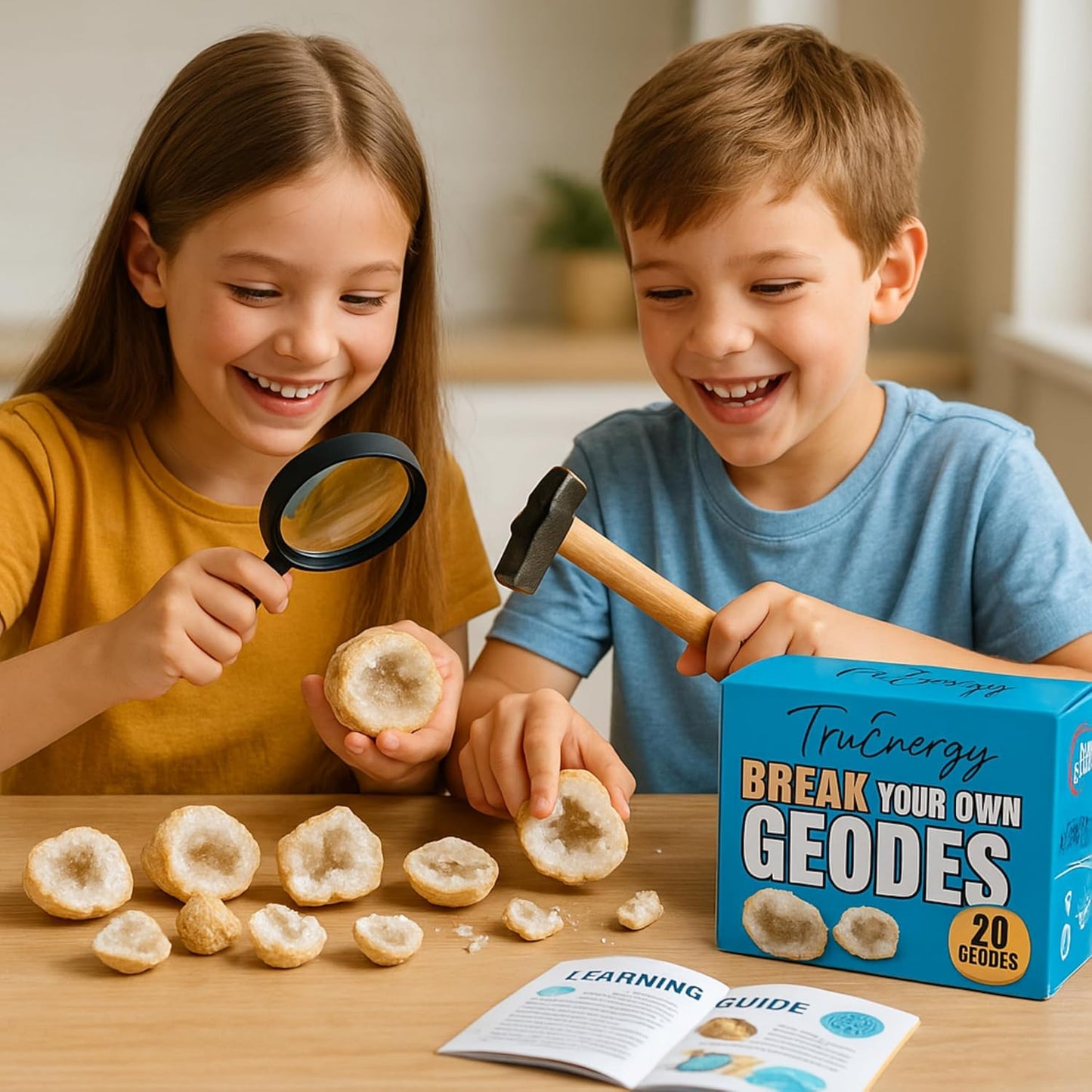 Break Your Own Geodes Kit for Kids – 20 Natural Crystal Geodes (1.5–2.5”) with Magnifying Glass & Learning Guide – Fun STEM Science Rock Kit for Kids Ages 6–12 – Gift-Ready Educational Set