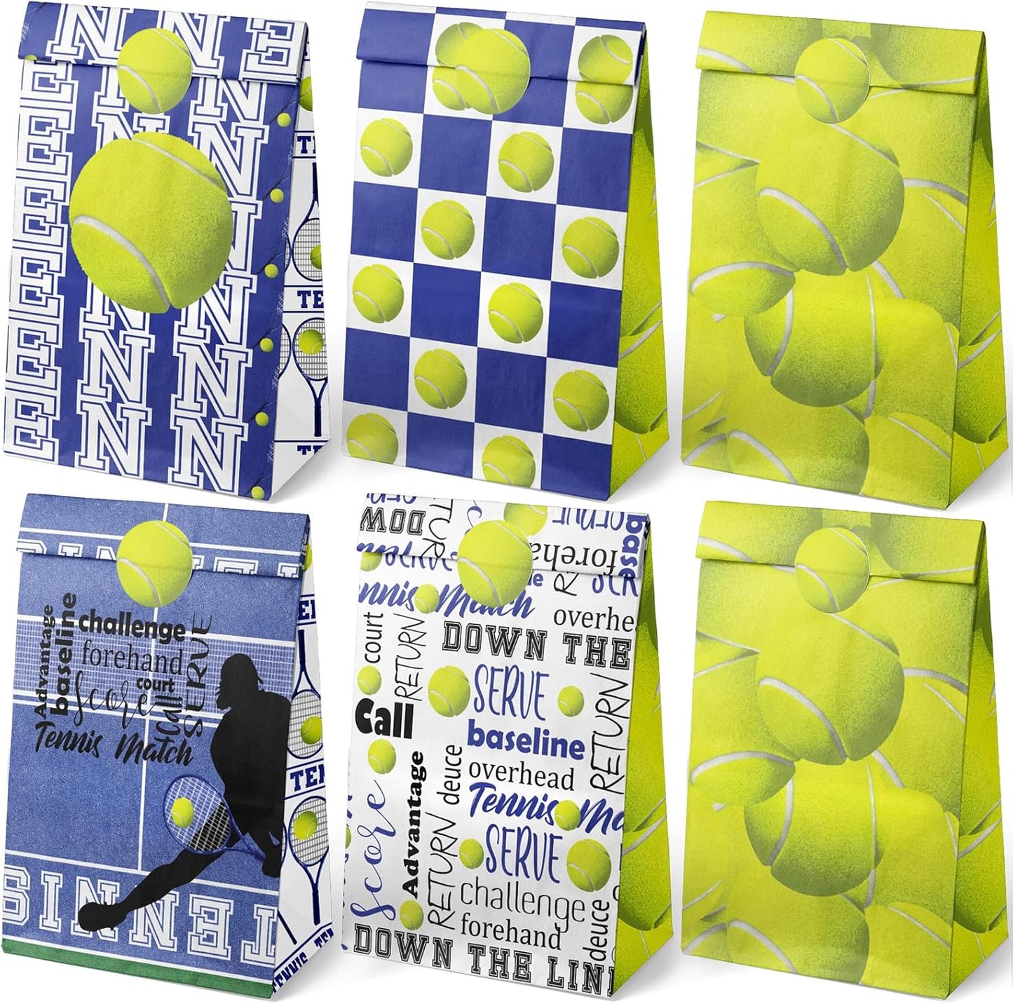 Tennis Party Favor Bags for Kids – 24 Pcs Tennis Gift Bags with 5 Designs, Paper Goodie Bags for Sports Theme Birthday Party Decorations and Supplies