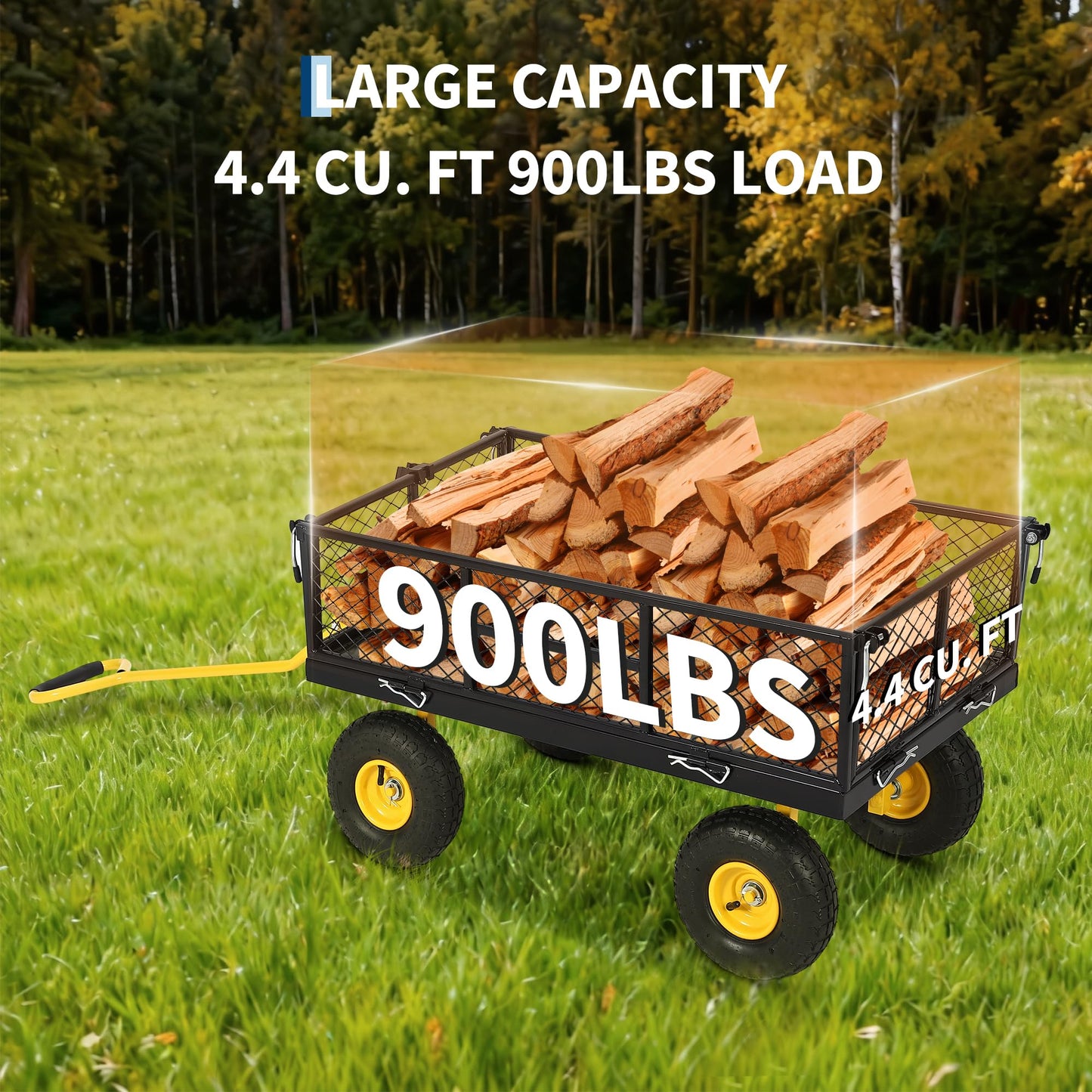 900 Lbs Heavy Duty Steel Garden Cart, Garden Wagon Cart on Wheels, Outdoor Metal Yard Utility Wagon Carts with and Mesh Removable Sides(Convert to Flatbed) and 180°Rotating Handle,Black