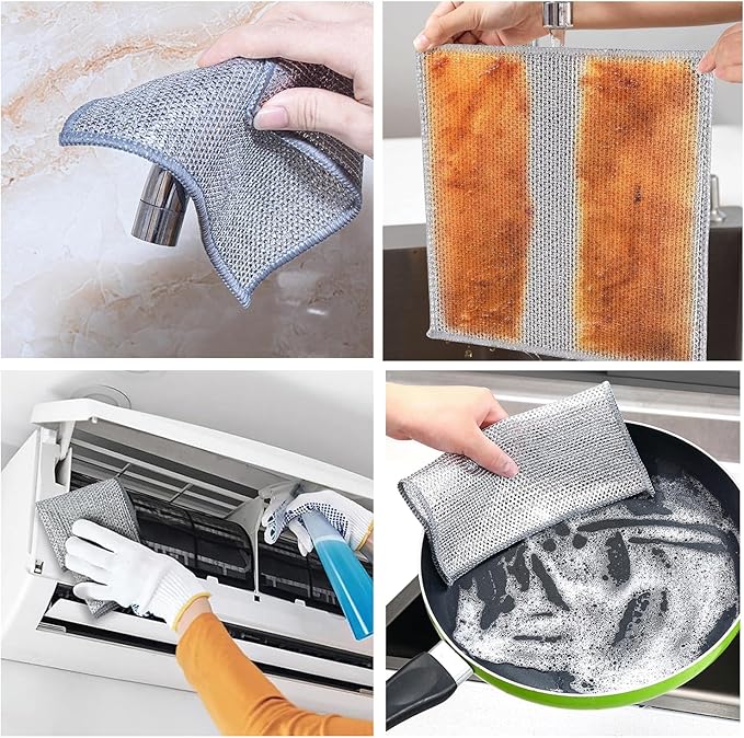 YinQin 10PCS Double Layer Stainless Steel Scrubber Wire Dishwashing Cloth Non Scratch Stainless Steel Mesh Dish Cleaning Cloth 20x20 cm Metallic Wire Cleaning Rag Towel for Kitchen Dish Sink Stove Top