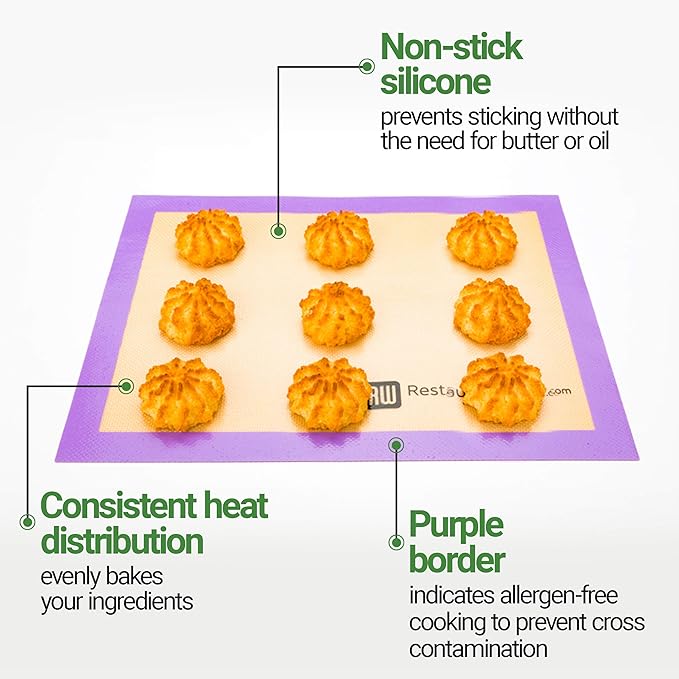 Restaurantware Half Size Baking Mat 1 Heat-Resistant Cooking Mat - Allergen-Safe Reusable And Ultra-Durable Tan And Purple Silicone Nonstick Mat For Pans And Rolling 11.8 x 15.75 Inch