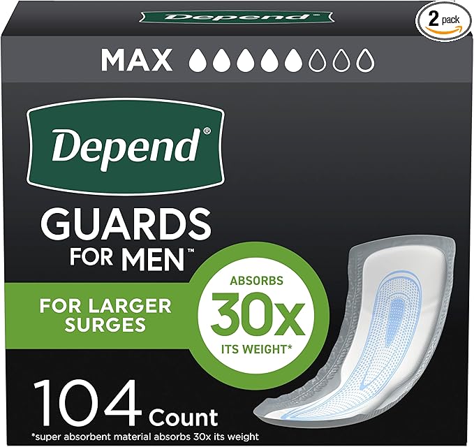Depend Guards Incontinence Pads for Men, Maximum Absorbency, 104 Count (2 Packs of 52), Packaging May Vary
