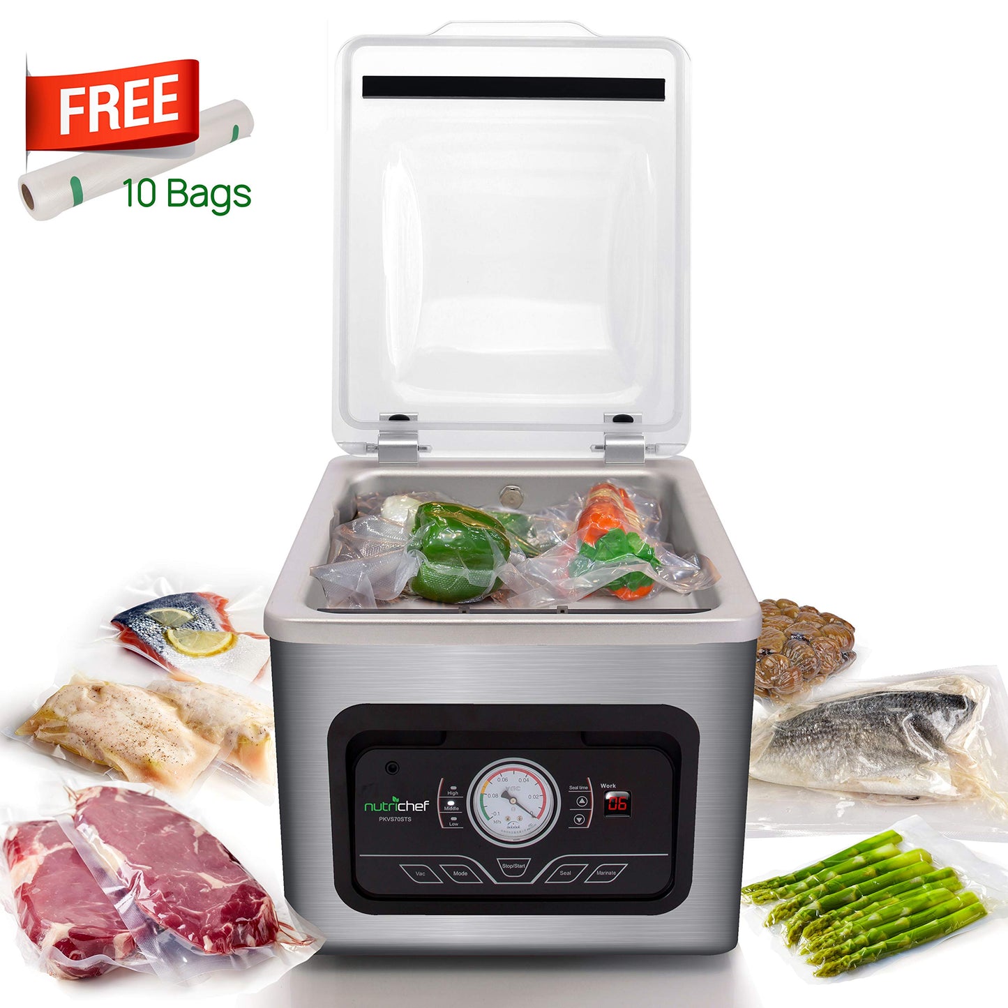 Nutrichef 350W Vacuum Sealer Machine - 8L Chamber Commercial Food Sealer, Automatic Meat Packing And Sous Vide System With Digit