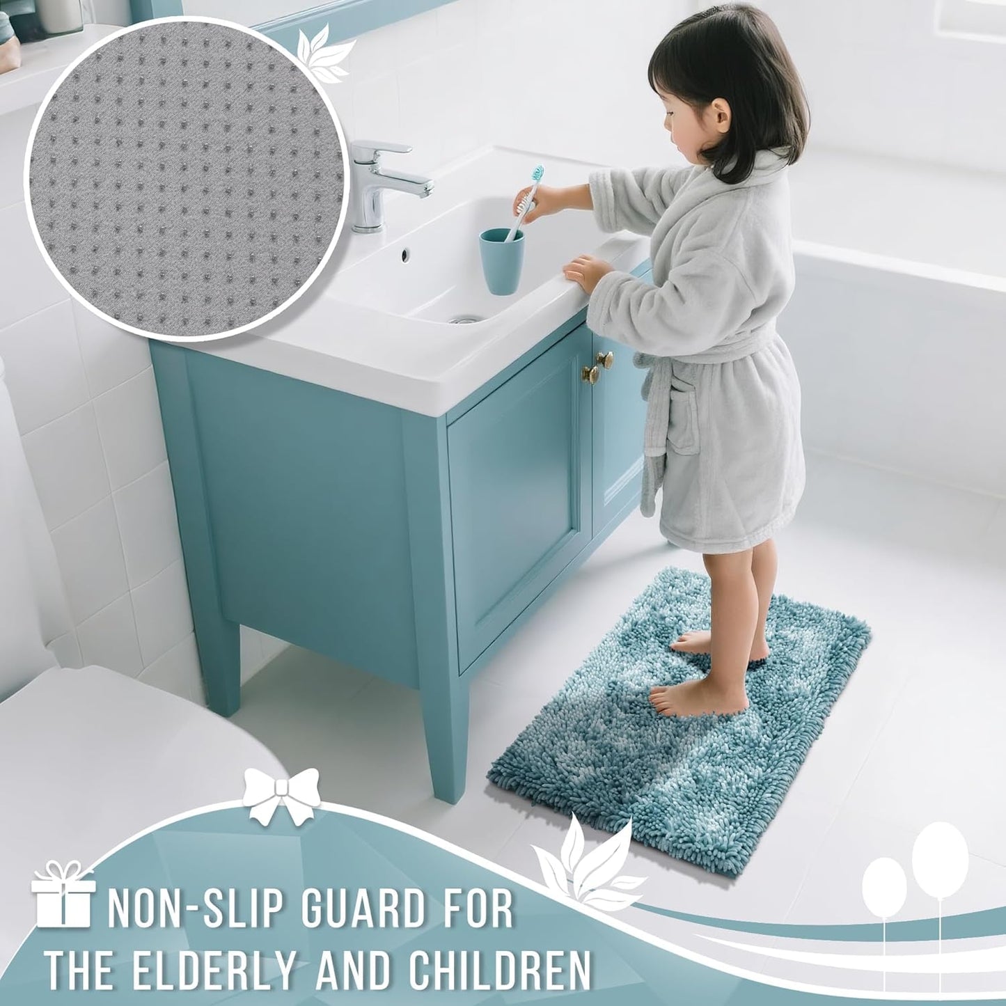 Yimobra Long Bathroom Rugs Runner 70x24 Inch, Extra Thick Soft Absorbent Chenille Bath Mat, Non Slip Machine Washable, Quick Dry Bath Rugs for Bathroom Floor, Tub and Shower, Greyish Blue