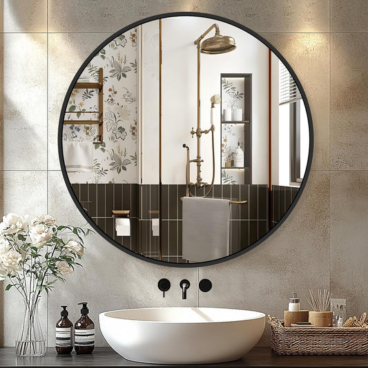 22 Inch Black Round Circle Mirror for Wall,Modern Bathroom Mirrors with Simple Metal Frame, Entryway, Bedroom Vanity, Living Room, Hallway Decor (Matte Black, Wall Mounted)