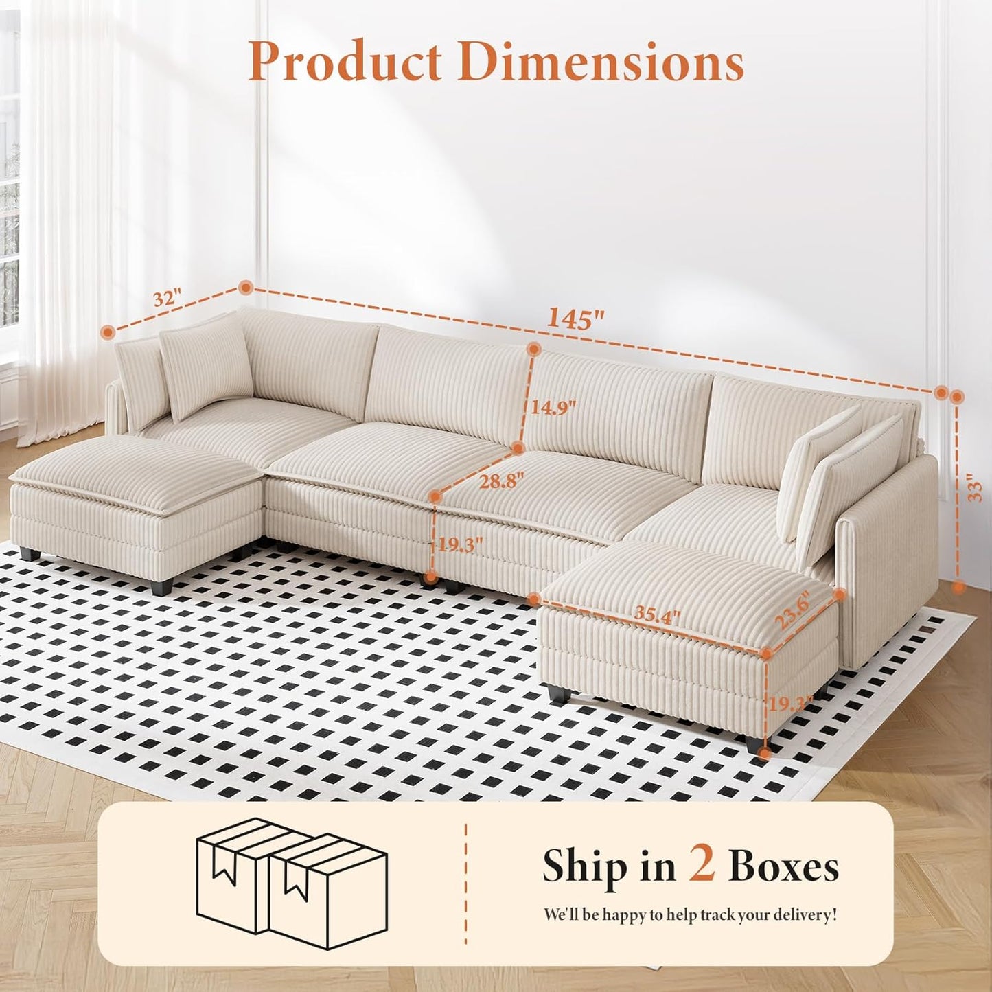 Vesgantti 143" U Shaped Sectional Modular Couch, Comfy Corduroy Upholstered Modular Cloud Sofas for Living Room, Modern Sectional Sofa with 2 Ottoman Deep Seat, Beige