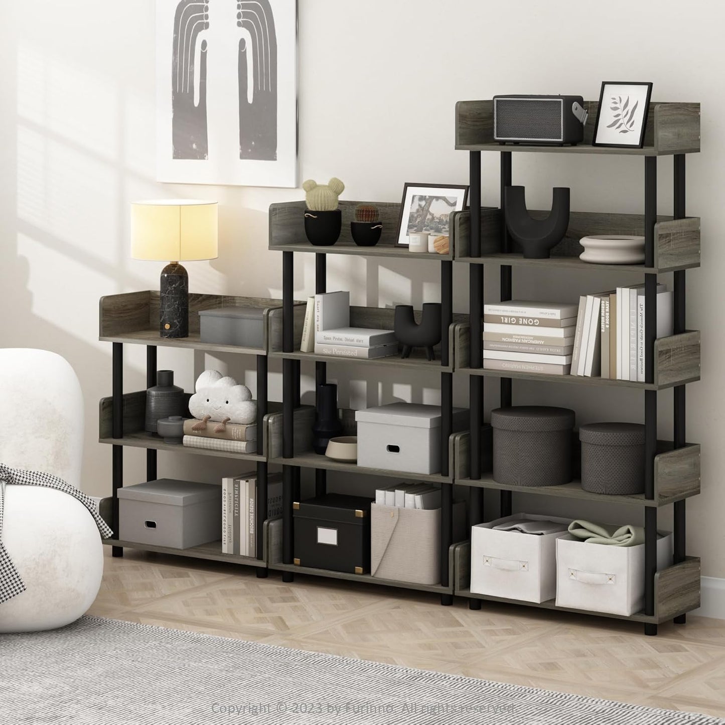 Furinno Turn-N-Tube 4-Tier Multipurposes Display Rack, Open Shelf Rack/Storage with Back & Side Panel, French Oak/Black
